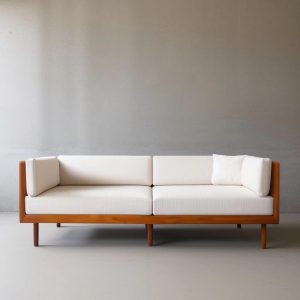 wooden sofa with fabric cushions