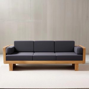 wooden sofa with fabric cushions