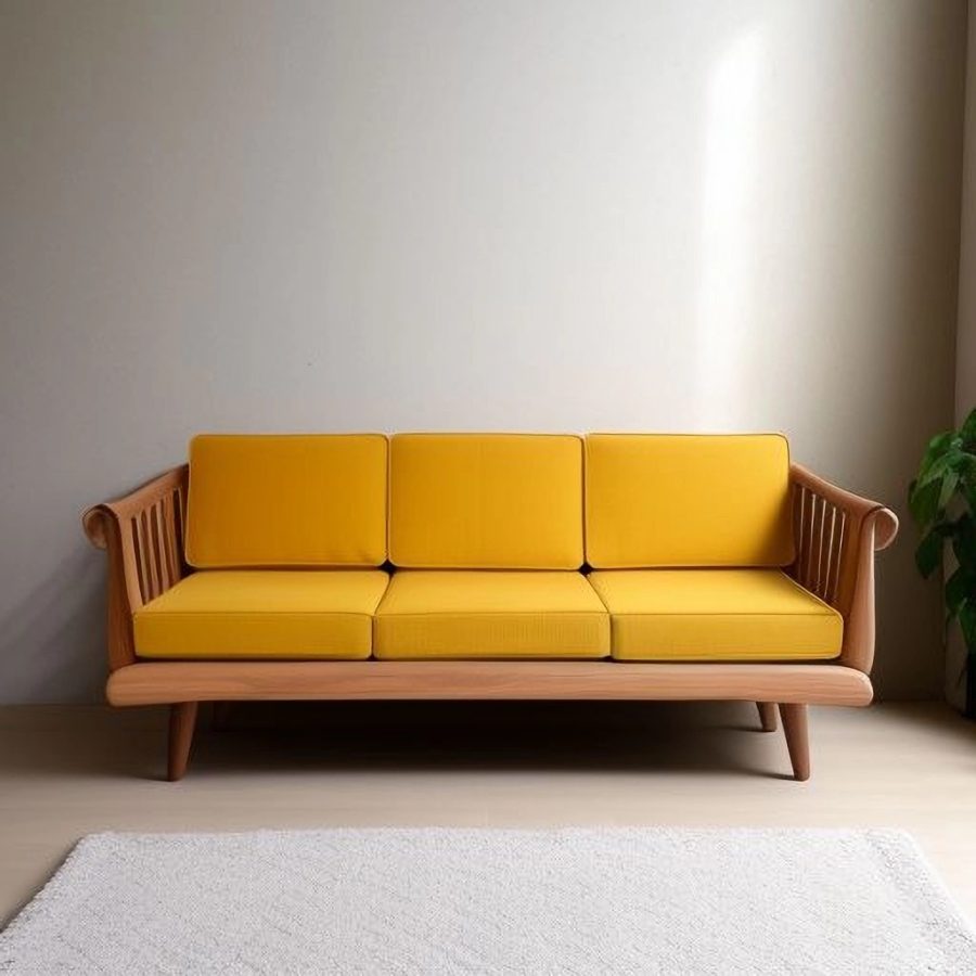 wooden sofa with fabric cushions