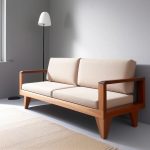 wooden sofa with fabric cushions