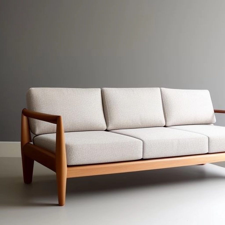 wooden sofa with fabric cushions