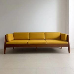 wooden sofa with fabric cushions