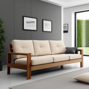 wooden sofa with fabric cushions