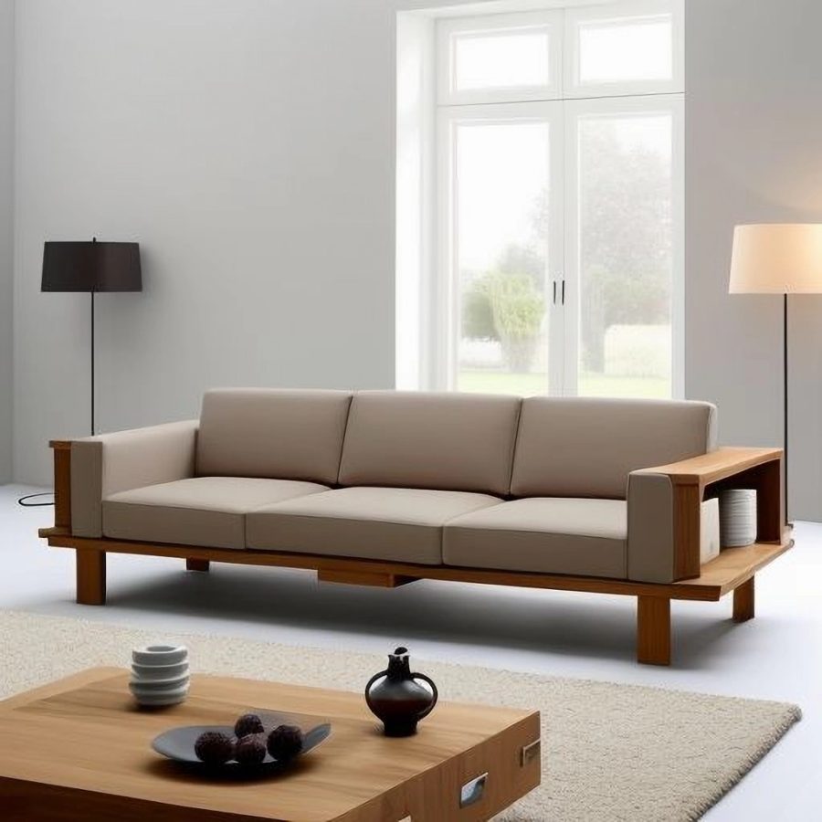 wooden sofa with fabric cushions