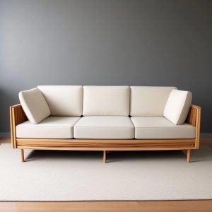 wooden sofa with fabric cushions