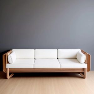 wooden sofa with fabric cushions