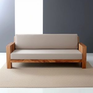 wooden sofa with fabric cushions