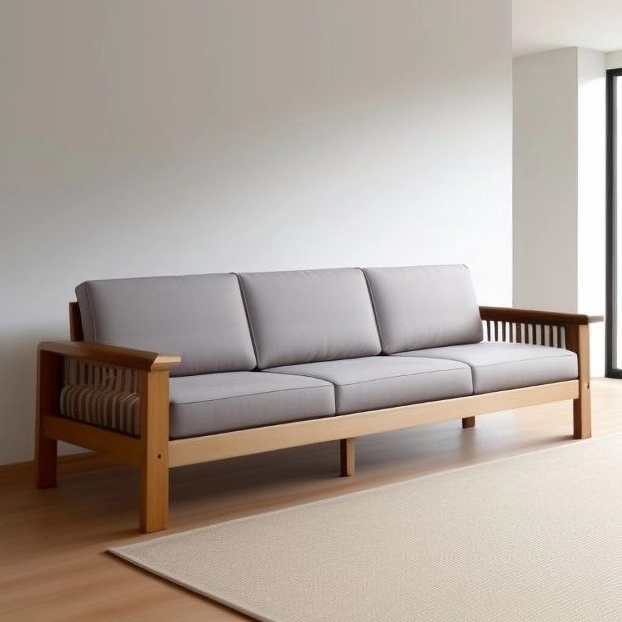 wooden sofa with fabric cushions