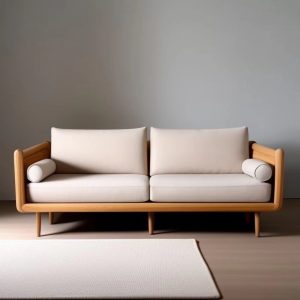 wooden sofa with fabric cushions